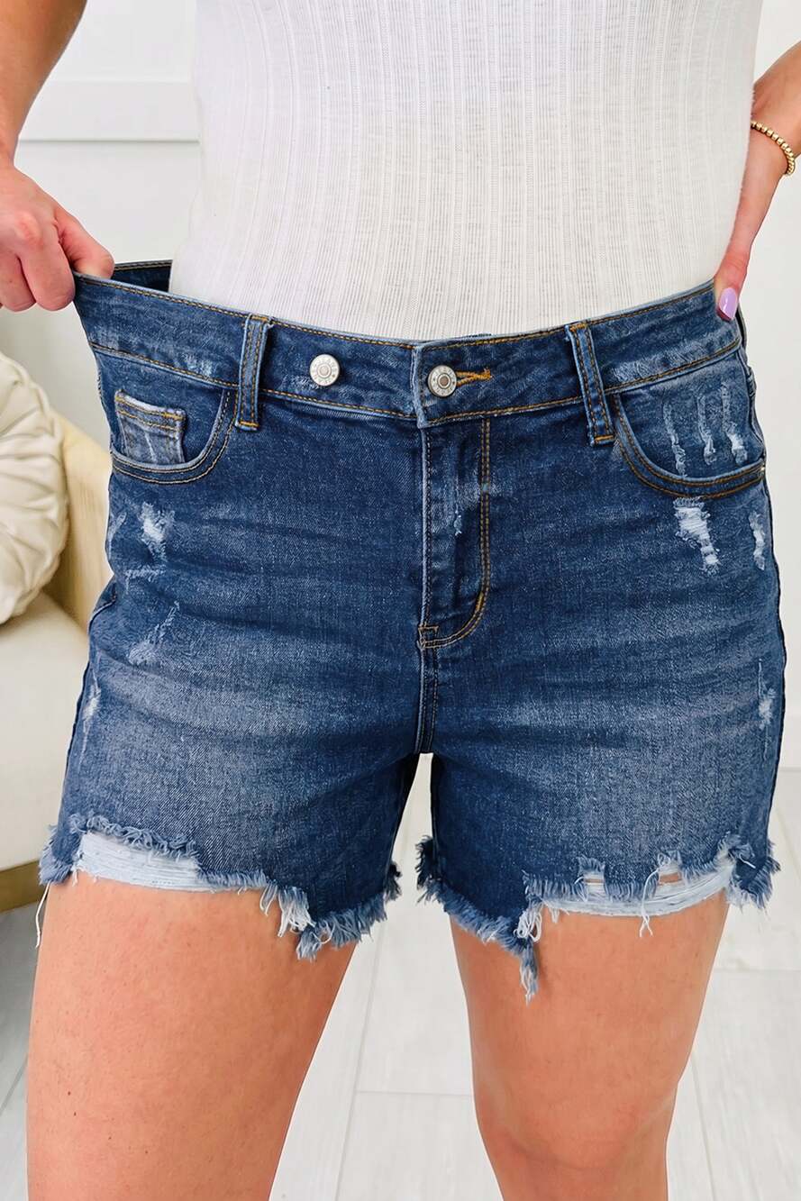 Sail Blue Asymmetric Raw Hem Distressed Whiskery Denim Shorts - Picture 1 of 4